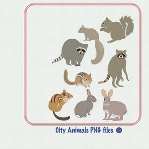 City animals, 8 PNG files: squirrel, chipmunk, raccoon, rabbit. Digital download