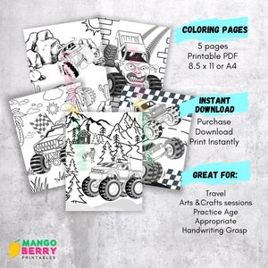 Printable Monster Truck Coloring Pages for Kids. Toddler Coloring Activity for Travel, Coloring practice for kids, Digital Download