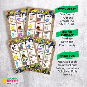 以下が含まれることがあります： モンスタートラックをテーマにした、印刷可能なトイレトレーニングチャートが4つあります。各チャートには、9つの正方形のグリッドがあり、トイレトレーニングのさまざまなステップが示されています。たとえば、「誰かに言った」、「ズボンと下着を脱いだ」、「トイレに座った」、「おしっこをした」、「うんちをした」、「お尻を拭いた」、「水を流した」、「ズボンと下着を履いた」、「手を洗った」などです。これらのチャートは、子供がトイレトレーニングのステップを学び、進捗状況を追跡するのに役立つように設計されています。