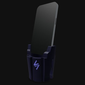May include: A black phone holder with a purple lightning bolt logo. The holder is designed to hold a smartphone vertically.