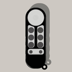 May include: A black remote control with a round button at the top and several round buttons in a vertical row below. The buttons are gray with a white outline.