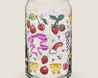 Bows & Berries Can-shaped Glass | Hippie Boho Luck Charms Drinkware | Glass with Lid and Straw | Cherries, Strawberries, Rainbows
