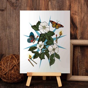 Floral Charm Art Print | Appalachian Rococo Poster | White Roses | Butterflies | Burning Matches | Apartment Wall Decor | Home Decor Poster