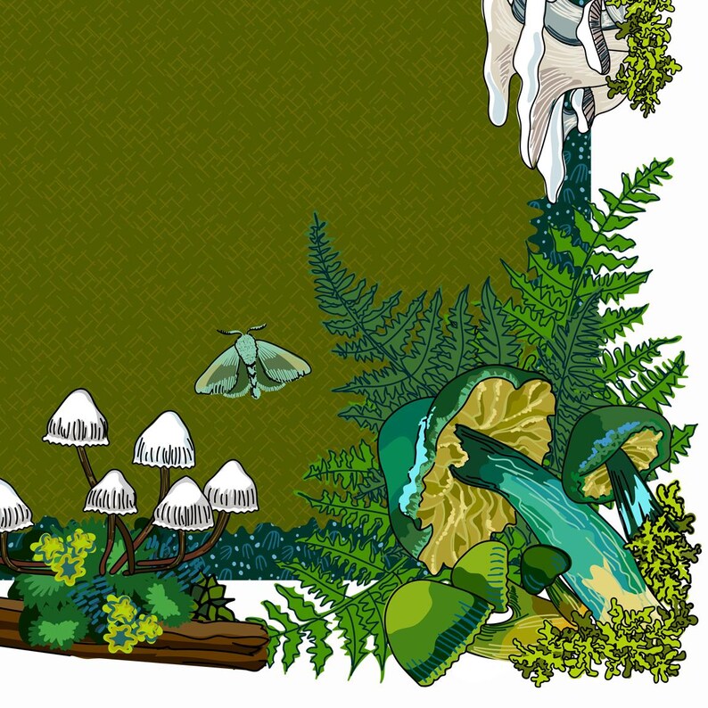 This is a close up of the design. It shows the illustrations of green and white mushrooms, twigs, various mosses, and a green moth flying around ferns.