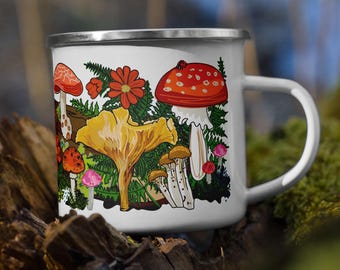Red Mushroom Enamel Camp Mug | Sturdy Camping Coffee Cup | Forest-Themed Mug | Soup Mug with Handle | Hot Chocolate Campfire Cup | Drinkware