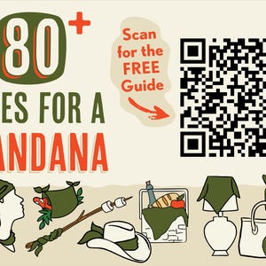 Graphic that says "80+ Uses for a Bandana. Scan for the FREE Guide." There is a QR code to scan. Below that there are illustrations that show different ways to use a bandana for outfits, hair styles, hiking and camping, and around the home for decor.