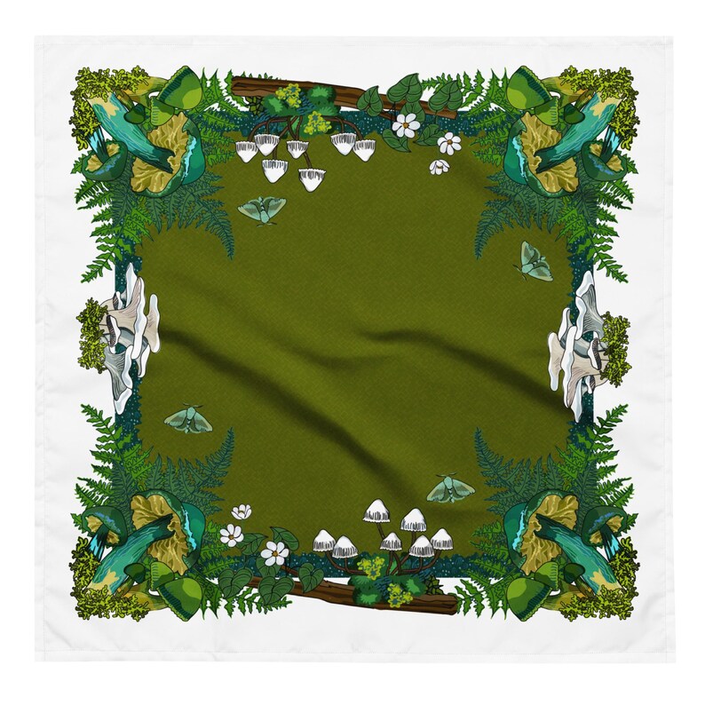 Green Mushrooms and Moth Eco-Friendly Bandana | Head Scarf | Eco-friendly Recycled Material | SPF Protection