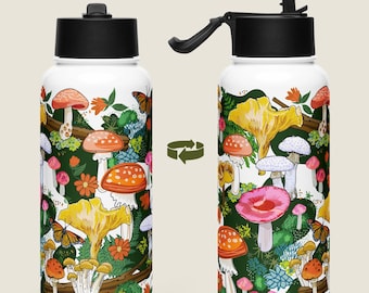 Red Mushroom Insulated Water Bottle w/ Leakproof Straw Lid | Stainless Steel 32oz | Keeps ice for 24 hours
