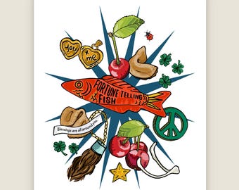 Lucky Charms Art Print – Fortune Telling Fish, Clover, Wishbone
