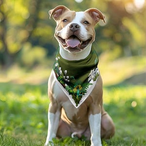 This is a photo of a brown and white dog with the green mushroom bandana scarf tied around his neck.