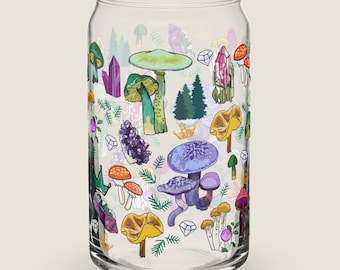 Mushroom Crystal Can Glass | Boho Luck Charms Drinkware with Lid & Straw