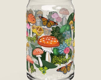 Red Mushrooms Can-shaped Glass | Hippie Boho Drinkware | Glass with Lid and Straw