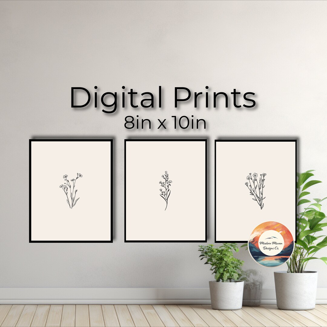 Minimal Floral Wall Art Set of 3 Modern Home Decor Flower Stems - Etsy
