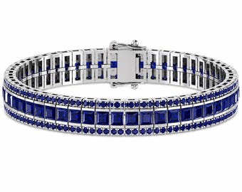 Blue Sapphire Tennis Bracelet | 925 Sterling Silver Bracelet | Princess Cut Sapphire Bracelet | Anniversary Gift for Wife | Luxury Jewelry