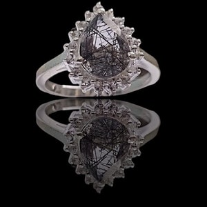 Black Rutile Quartz Ring: Pear Gemstone, Sterling Silver Promise Ring