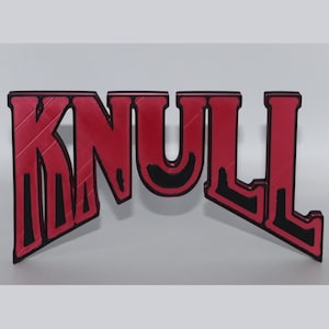 May include: A red and black sign that spells out the word "KNULL". The letters are red with a black outline and a textured pattern. The sign is displayed against a light gray background.