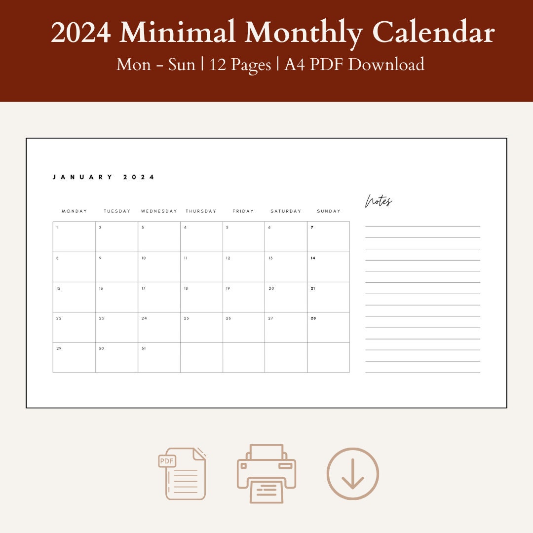 2024 Monthly Calendar Planner Notes Landscape Monday Start Etsy