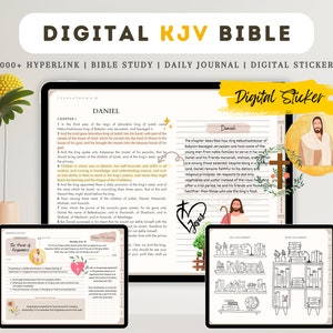 Puede incluir: Planificador de estudio de la Biblia KJV digital con una ilustración colorida de Jesús en la portada. El planificador incluye un diario diario, notas de estudio de la Biblia y pegatinas digitales. El texto "Digital Sticker" está escrito en un cuadro rosa en la parte superior de la imagen.