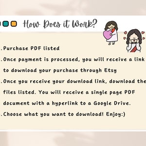 May include: A yellow and white illustrated guide with the text "How Does it Work?" explaining the steps to purchase and download a digital product. The steps include purchasing the PDF, receiving a download link, and downloading the files.
