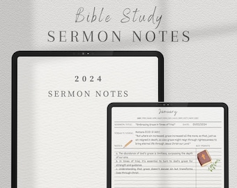 Notas de sermones imprimibles, Diario de estudio bíblico digital, Notas de servicio de la iglesia, Diario de sermones 2024, Notas de sermones simples