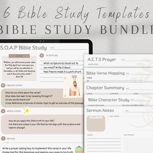May include: A bundle of six printable Bible study templates. The templates include S.O.A.P Bible Study, A.C.T.S Prayer, Bible Verse Mapping, Chapter Summary, Bible Character Study, and Sermon Notes.