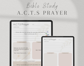 Può includere: Una pagina di pianificatore digitale stampabile per uno studio biblico con l'acronimo ACTS per Adorazione, Confessione, Ringraziamento e Supplica. La pagina ha uno sfondo rosa chiaro con un design floreale e una sezione per ciascuno dei passaggi della preghiera ACTS.