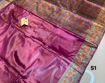 Sari Munga Tussar Banarasi: Sari Tussar de telar manual certificado con marca de seda con pieza de blusa