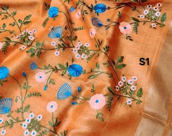 Sari de lino con bordado floral digital y pieza para blusa: Sari de lino orgánico suave