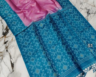 Desi Tussar Jamdani Saree: Handwoven Silk Marked Gachi Tussar Sari, Contrast Border