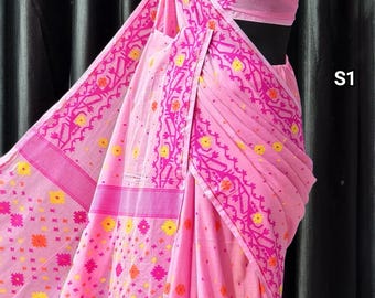 Handwoven Mal Cotton Jamdani Saree with Blouse Piece: Soft Dhakai Weaving Artwork Malmal Sari
