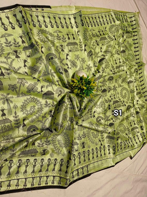 Warli Embroidered Gachi Tussar Silk Saree with Blouse Piece ( Silk Mark Certified)