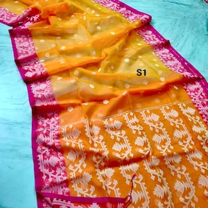 Sari Jamdani de muselina tejido a mano: sari de seda Resam de dos tonos con pieza para blusa. S1