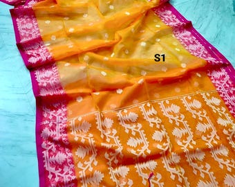 Handloom Muslin Jamdani Saree: Dual Tone Resam Silk Sari with Blouse Piece
