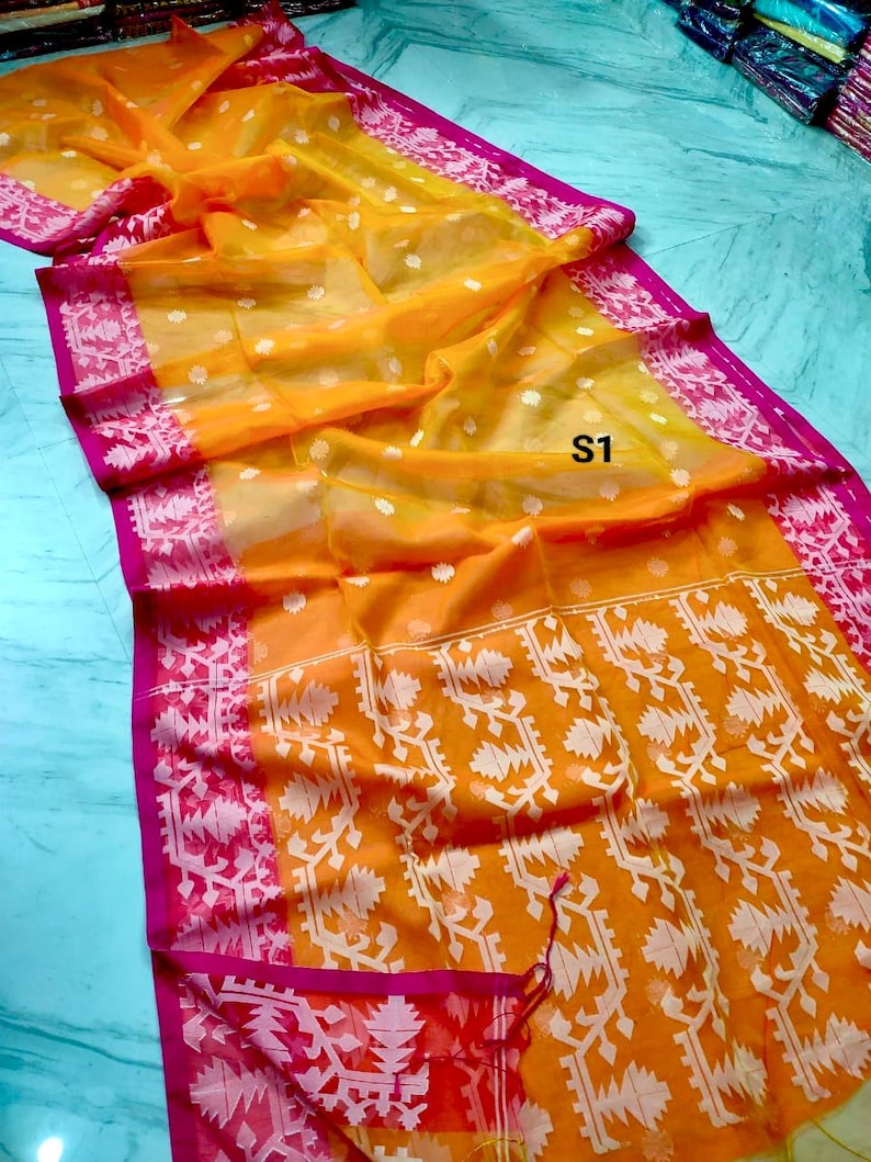 Sari Jamdani de muselina tejido a mano: sari de seda Resam de dos tonos con pieza para blusa. S1