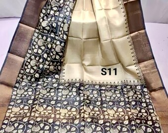Estampa em bloco à mão Zari Tussar Silk Saree: Bishnupuri Silk Sari com peça de blusa