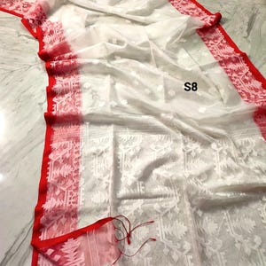 Sari Jamdani de muselina tejido a mano: sari de seda Resam de dos tonos con pieza para blusa. S8