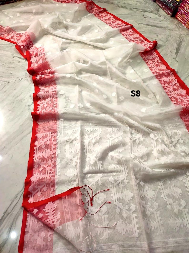 Sari Jamdani de muselina tejido a mano: sari de seda Resam de dos tonos con pieza para blusa. S8