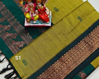 Sari Gadwal de algodón con borde Zari en contraste y pieza para blusa: Sari de algodón del sur de la India tejido a mano