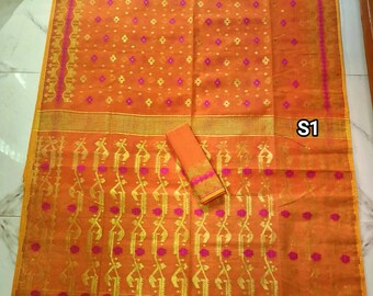Cotton Resam Blend Zari Jamdani Saree: Soft Dhakai Sari with Blouse Piece