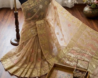Cotton By Resam Jamdani Saree: Bengal's Tricolour Zari Woven Dhakai Sari with Blouse Piece