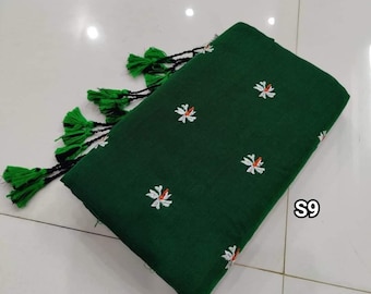 Sari de algodón Khadi tejido a mano con bordados florales: Sari Suti suave con pieza para blusa