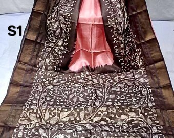 Sari Batik Tussar de cera a mano con pieza de blusa: Sari de seda Mom Chitra Batik Bishnupuri