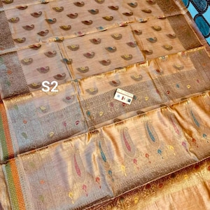 Seidenzertifizierter Munga Tussar Banarasi Saree mit Blusenstück: Handwebstuhl Seide Sari