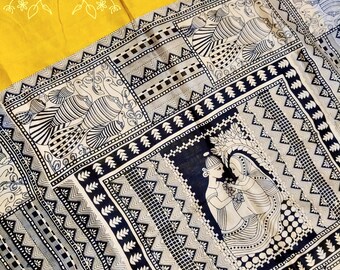 Sari de seda pura Kalamkari Bishnupuri: Sari de seda con estampado a mano y pieza para blusa.