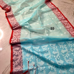 Sari Jamdani de muselina tejido a mano: sari de seda Resam de dos tonos con pieza para blusa. S5