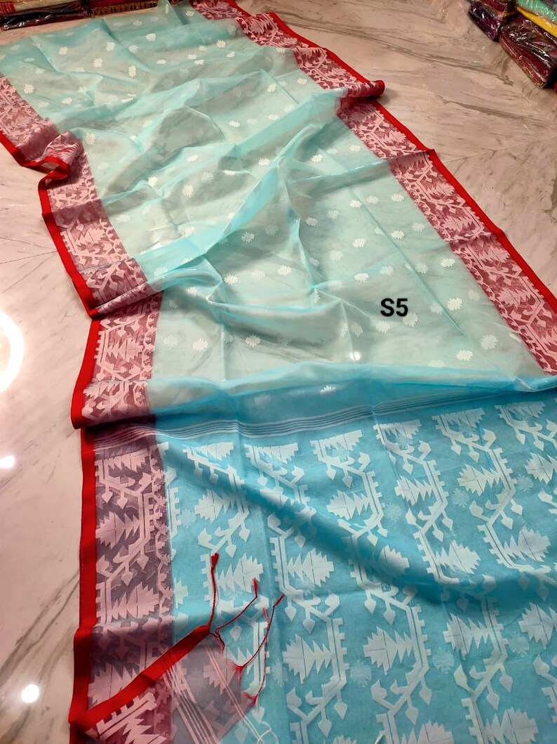 Sari Jamdani de muselina tejido a mano: sari de seda Resam de dos tonos con pieza para blusa. S5
