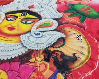 Maa Durga Face Linen Saree: Hand-Printed Ikkat Border Cotton Linen Sari with Blouse Piece