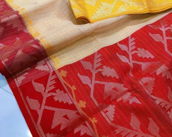 Ganga Jamuna Border Kota Jamdani Saree: Algodón de Silk Kota Doriya Sari con pieza de blusa