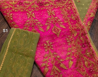 Contraste Karchupi Cutdana Jamdani Sari con pieza de blusa: bordado Aari a mano, encaje dorado