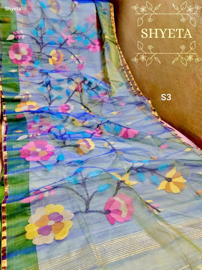 Handwoven Silk Muslin Jamdani Saree: Soft Floral Dhakai Sari with Blouse Piece image 14